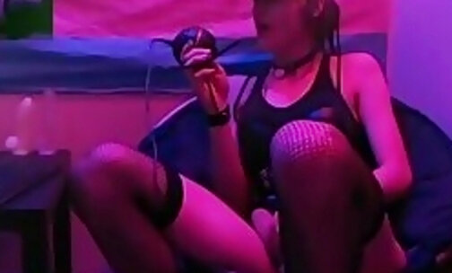 slim American transgirl in stockings strokes her dick on webcam