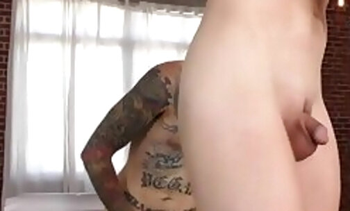 Oiled smalltits TS assfucked and cocksucked by tattooed BF