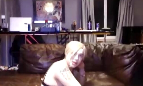Sexy blonde shemale and guy anal sex on the sofa