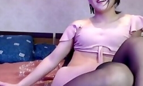 slim teen Russian sissy in black stockings strokes dick on webcam
