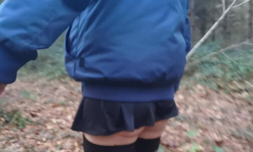 Sissy slut public in the woods with mini skirt thong and high heels