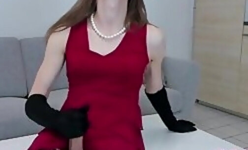horny shemale glamour red dress black gloves bick dick cumshot