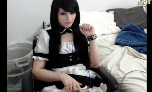 black haired Maid uniformed tranny tugging her small cock on webcam
