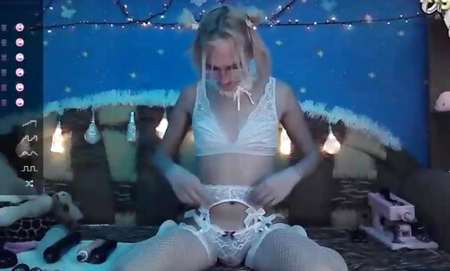 petite russian glassesed tgirl in white fishnet stockings and lingerie teases on webcam