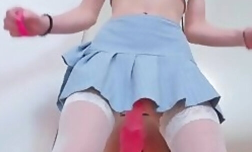 sexy mini skirt slut ride her huge dildo on mirror and cum hard
