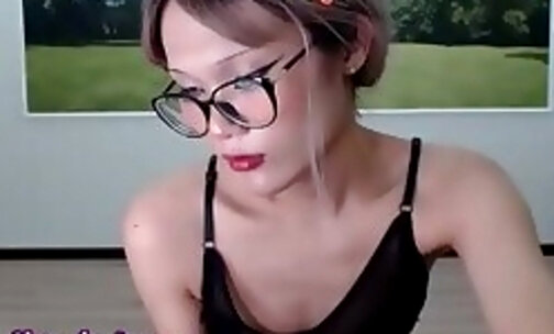 19 yo skinny japanese shemale in glasses strokes her big dick on webcam