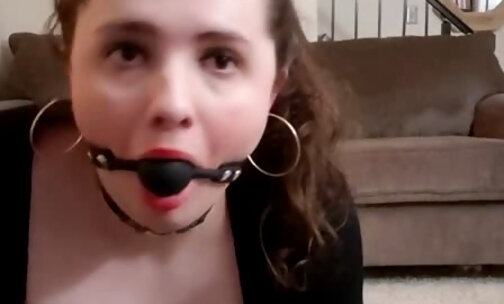 Gagged and caged fat sissy shows herself off