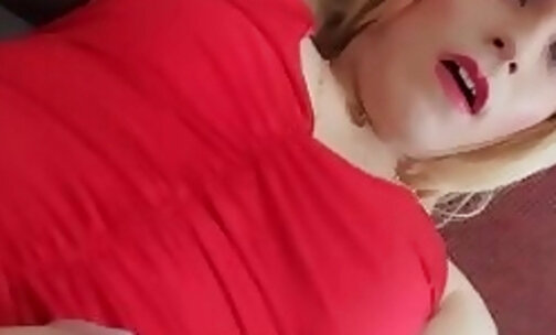 Lady in red ... hot tranny cumshot with fingers in ass!