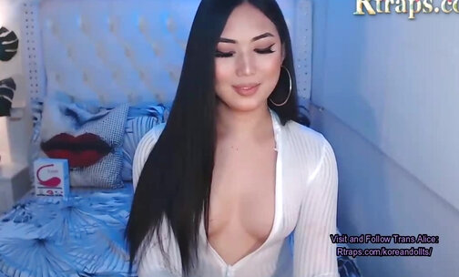 pretty korean tgirl strokes her cock on webcam