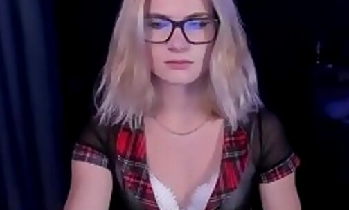 slim German teen transgirl in glasses strokes her cock on webcam