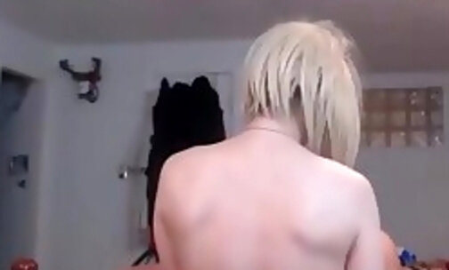 Blond tranny fucked and jizzed on by an old dude