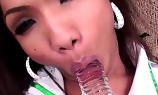 Huge cock Asian shemale fucked herself with dildo after hot masturbation