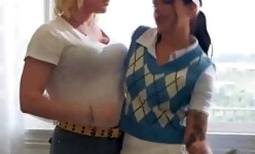 Busty shemale Lucy Hart is rimmed by tattooed gf April Olsen