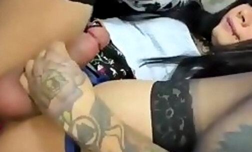 big balls latina tattooed tgirl in stockings jerks on webcam