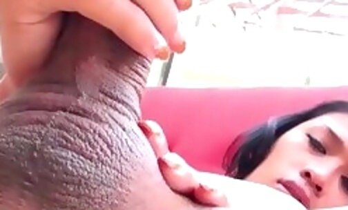 Ladyboy masturbated in front of friend before deep anal sex with sex toy