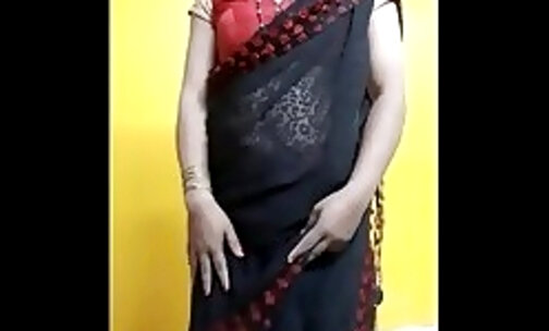 Indian Sissy Silk In Hot Black Saree...