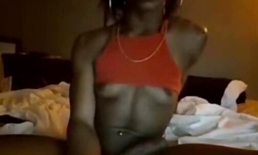 Ebony trans wank her big cock on cam