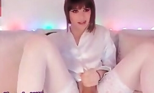 slim teen trans cutie in white stockings strokes her dick