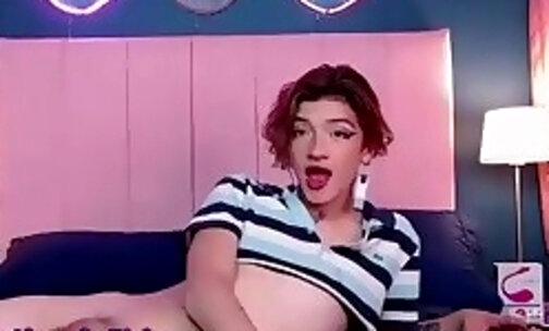 thin Latina teen transgirl strokes her cock on webcam
