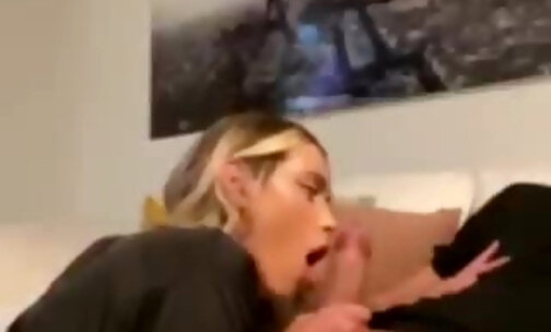 Skinny blonde giving blowjob to guy then bounces on his dick
