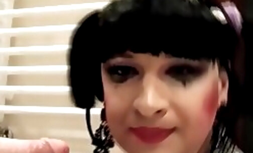 Pati in pigtails - makeup dildo sucking close up