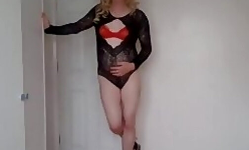 Red bra, black lacy body stocking