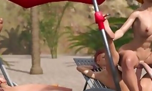 Big tits babe masturbating while futa babes fucking on the beach in a 3D Animation