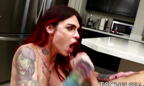 Inked shemale Chelsea Marie swallows cum after deepthroat