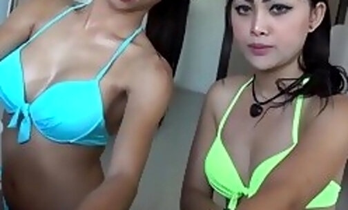 Double blowjob by sexy big ass Thai shemales before guy fucked horny tranny