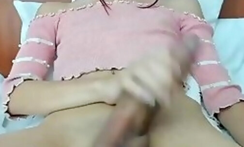 thin teen tgirl strokes her big dick on webcam