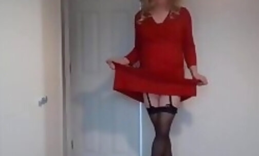 Red dress, black stockings, no panties