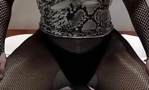 Sexy crossdresser in highheels girl facemask riding a big dildo