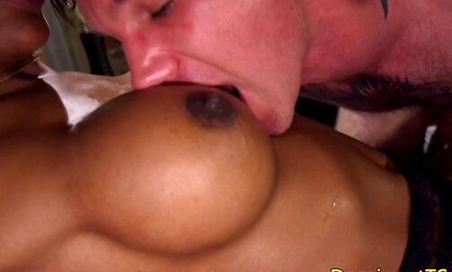 Dominant ebony TS cums in hunks mouth