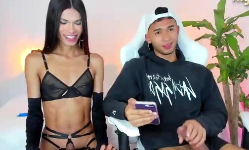 skinny latina tgirl rides her boyfriends cock on webcam