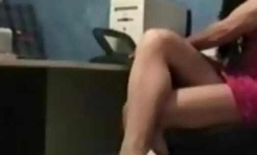 Crossdresser in office with homemade sex machine