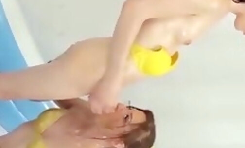 Nerdy Jamie French fucking shemale in inflatable pool