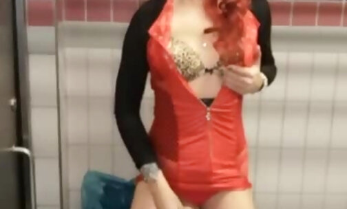 Slut Trans Viviane flashes cock and jerks off at public toilet